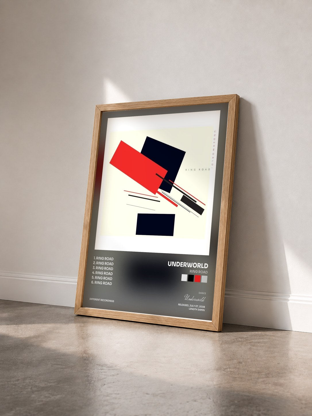 #bois Tableau de l'album Ring Road de Underworld vu de trois quarts, cadre en bois brut