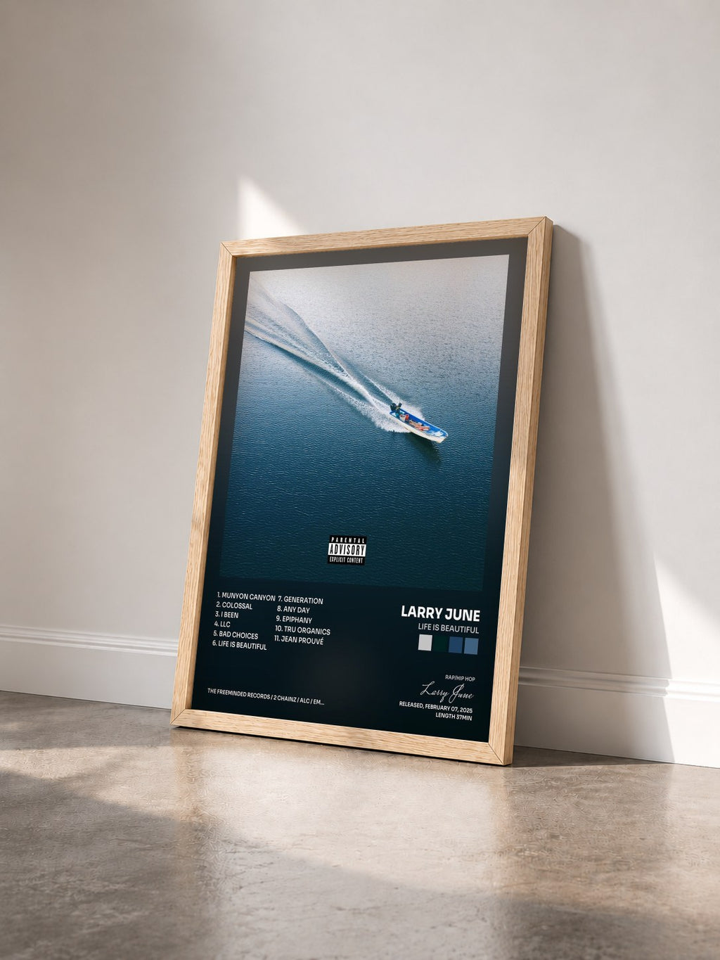 #bois Tableau de l'album Life Is Beautiful de Larry June vu de trois quarts, cadre en bois brut