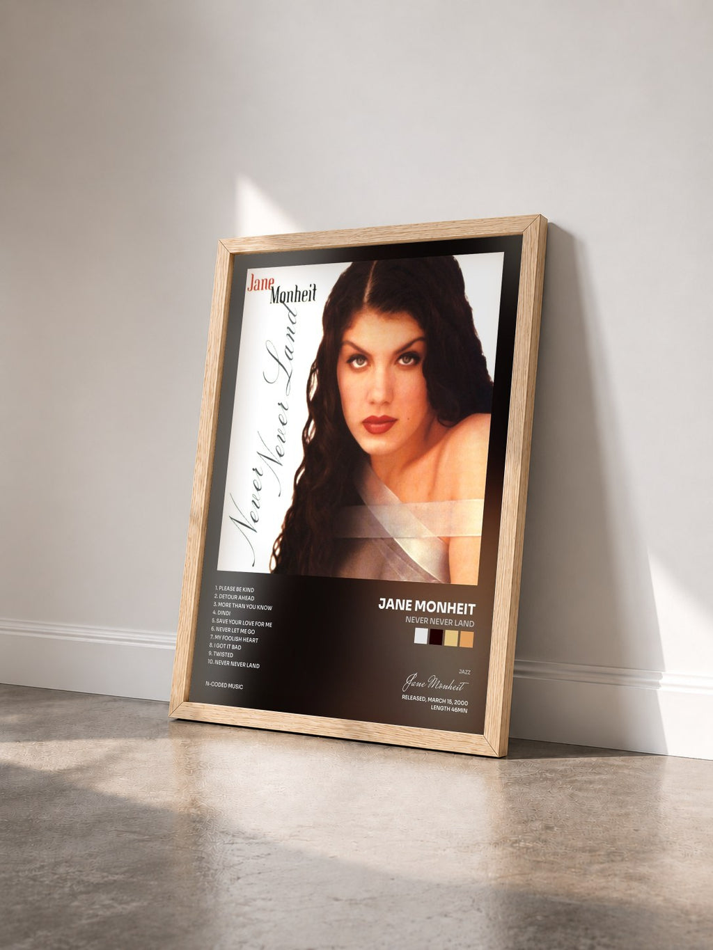 #bois Tableau de l'album Never Never Land de Jane Monheit vu de trois quarts, cadre en bois brut