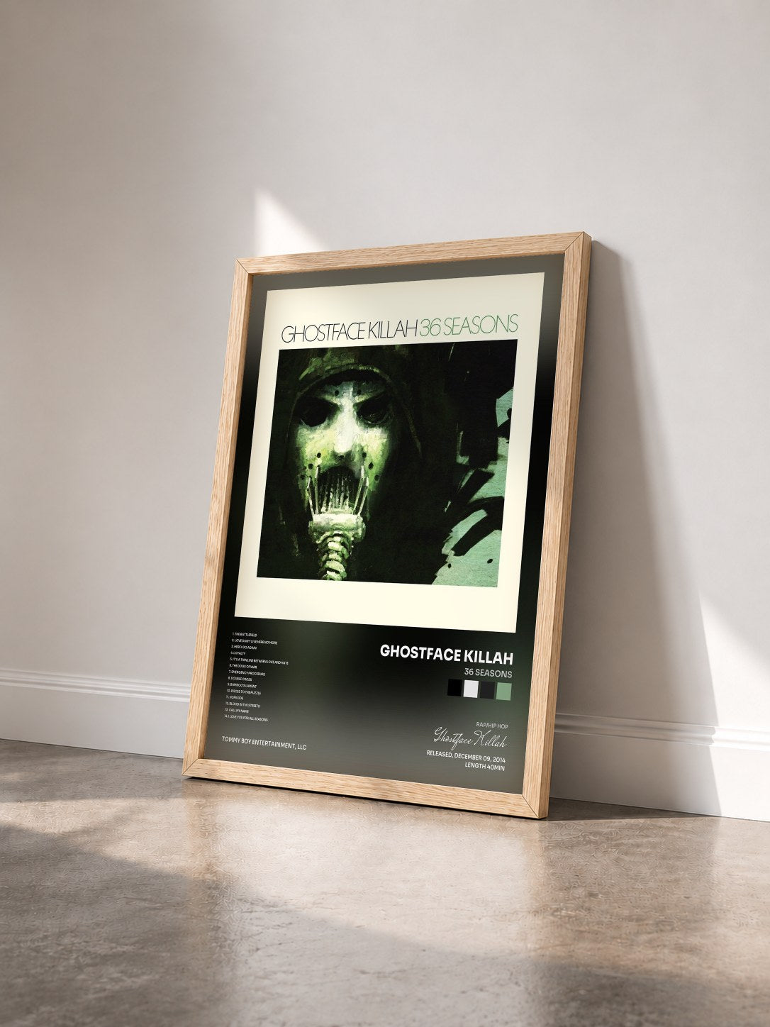 #bois Tableau de l'album 36 Seasons de Ghostface Killah vu de trois quarts, cadre en bois brut