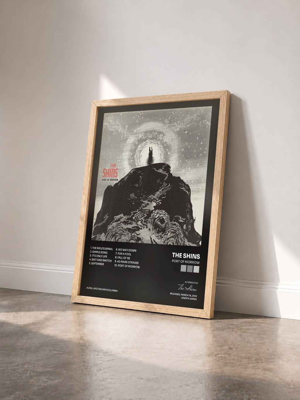 #bois Tableau de l'album Port Of Morrow de The Shins vu de trois quarts, cadre en bois brut