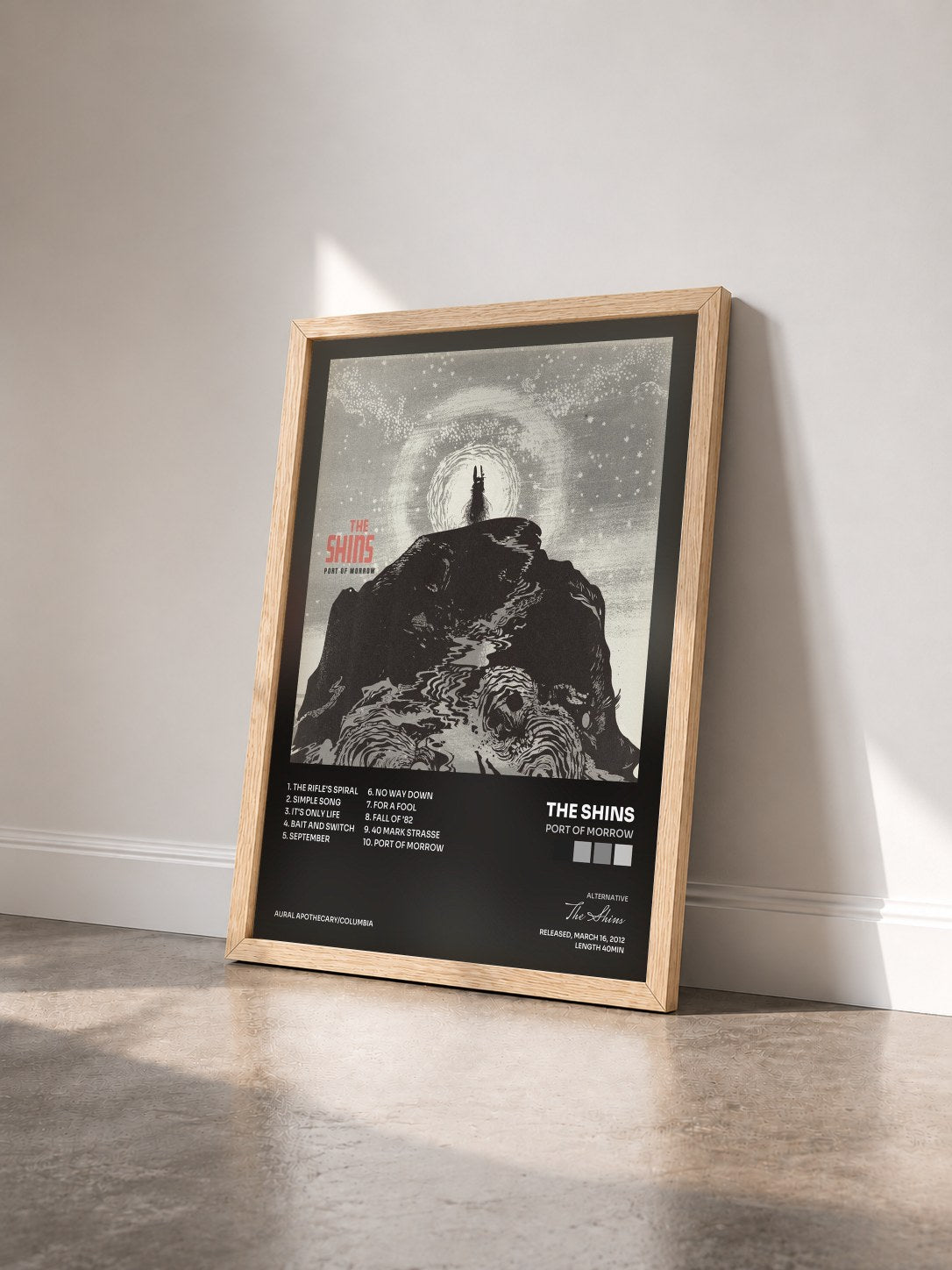 #bois Tableau de l'album Port Of Morrow de The Shins vu de trois quarts, cadre en bois brut