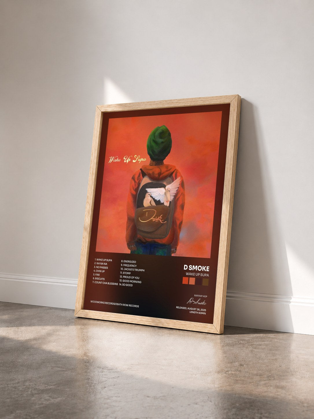 #bois Tableau de l'album Wake Up Supa de D Smoke vu de trois quarts, cadre en bois brut