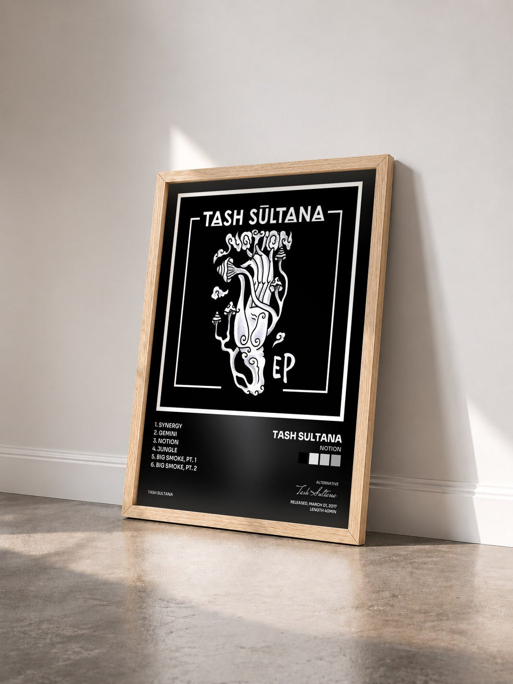 #bois Tableau de l'album Notion de Tash Sultana vu de trois quarts, cadre en bois brut