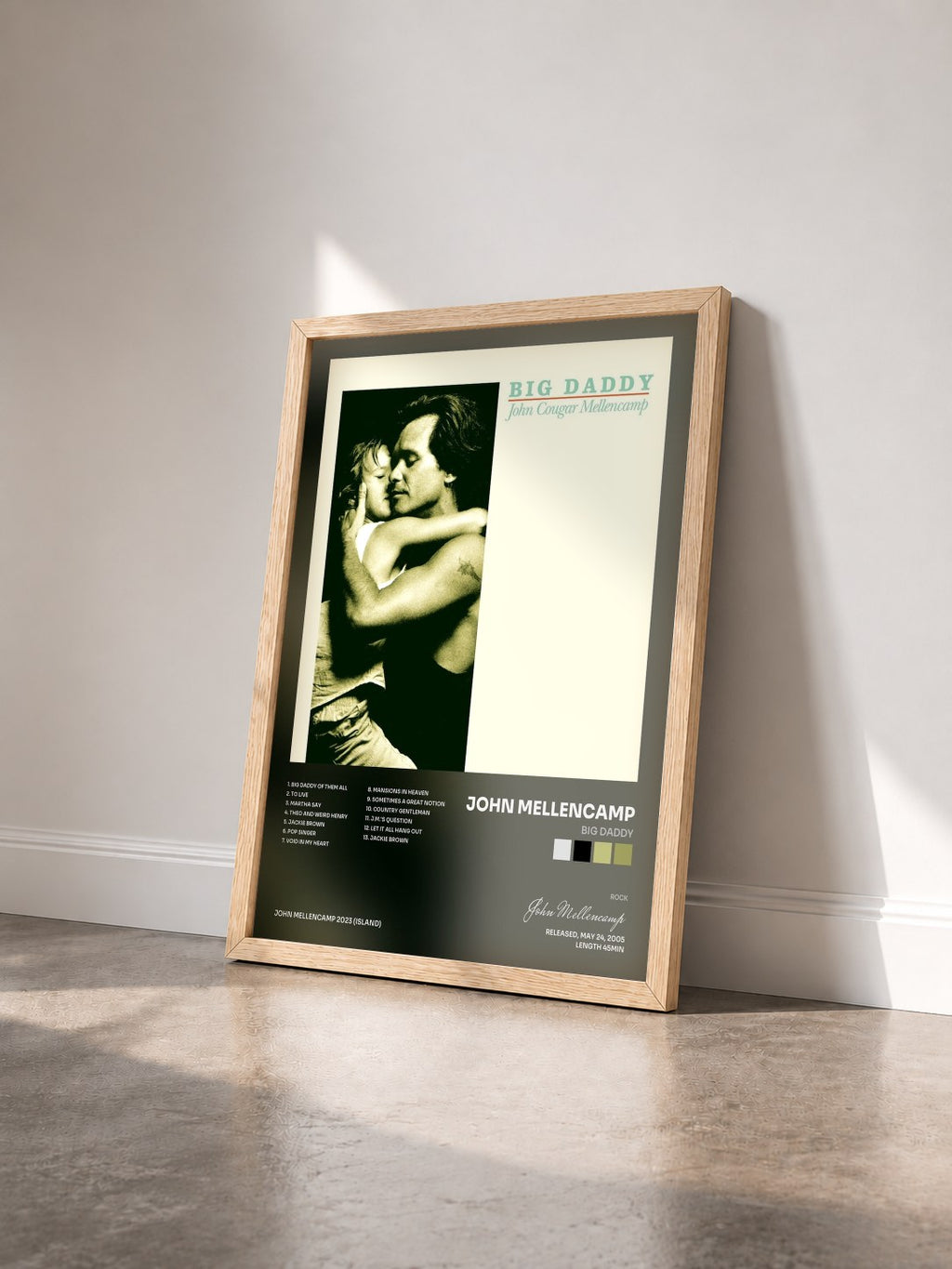 #bois Tableau de l'album Big Daddy de John Mellencamp vu de trois quarts, cadre en bois brut