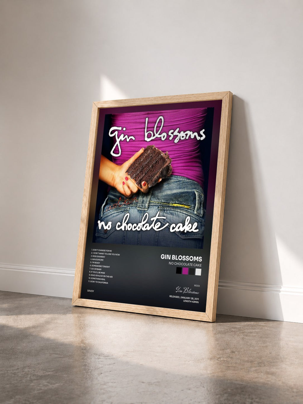 #bois Tableau de l'album No Chocolate Cake de Gin Blossoms vu de trois quarts, cadre en bois brut