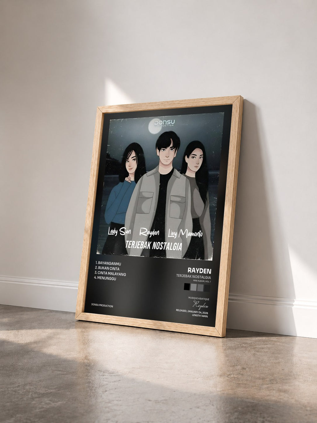 #bois Tableau de l'album Terjebak Nostalgia (Mini Album, Vol. 1) de Rayden vu de trois quarts, cadre en bois brut
