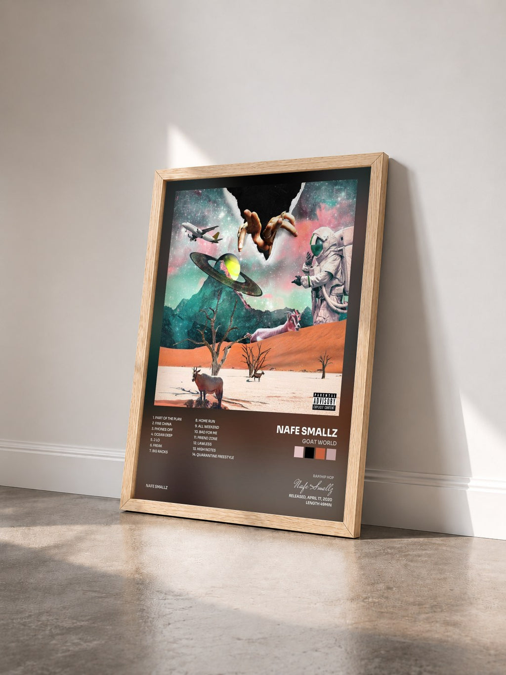 #bois Tableau de l'album Goat World de Nafe Smallz vu de trois quarts, cadre en bois brut