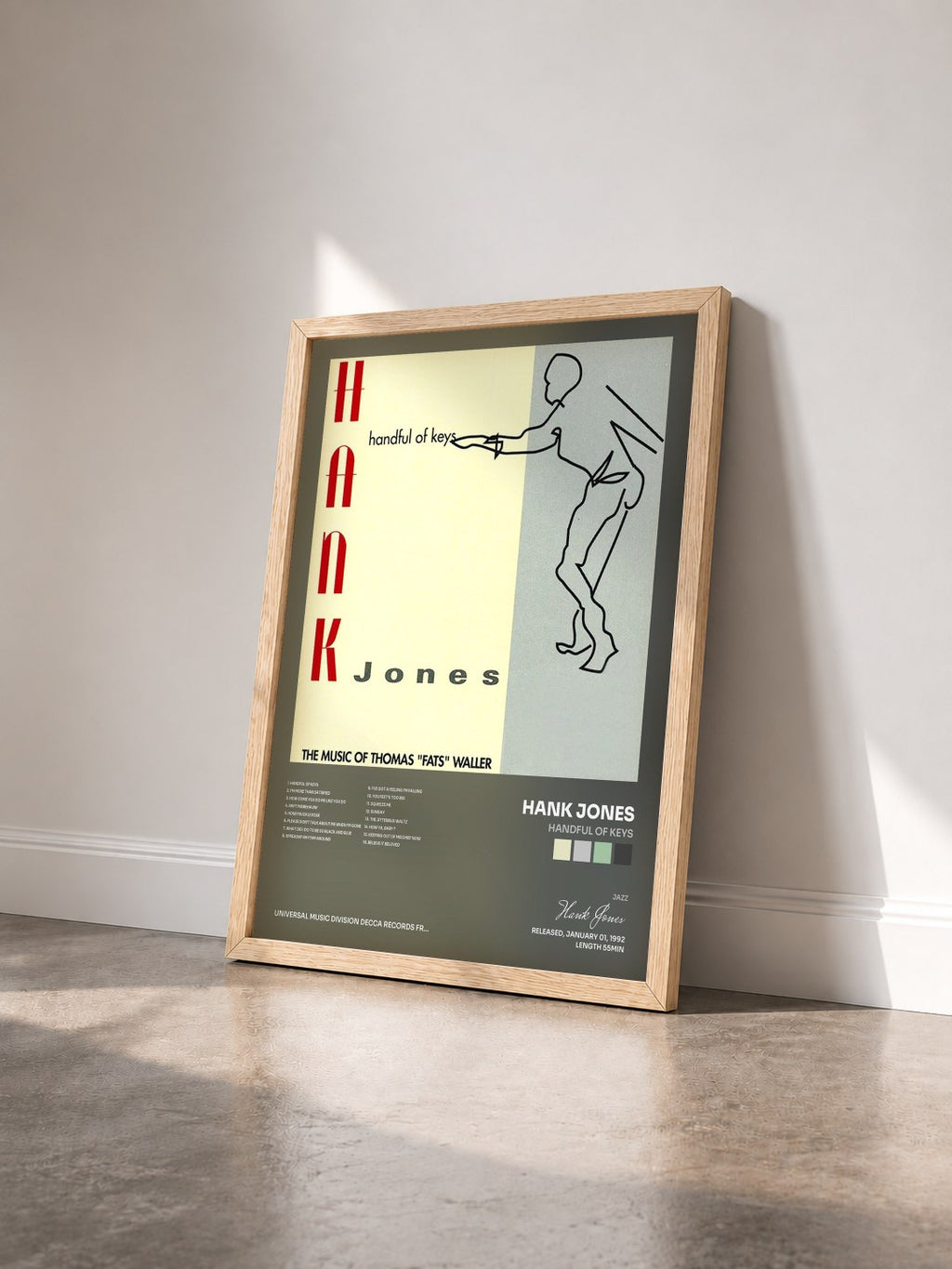 #bois Tableau de l'album Handful Of Keys de Hank Jones vu de trois quarts, cadre en bois brut