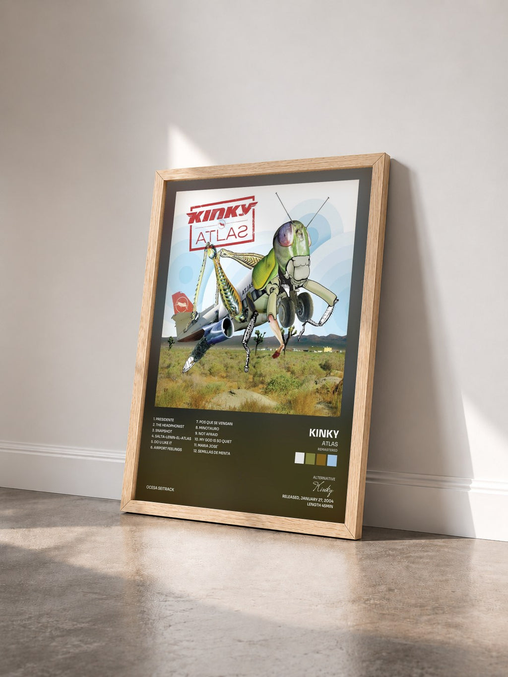 #bois Tableau de l'album Atlas (Remastered) de Kinky vu de trois quarts, cadre en bois brut