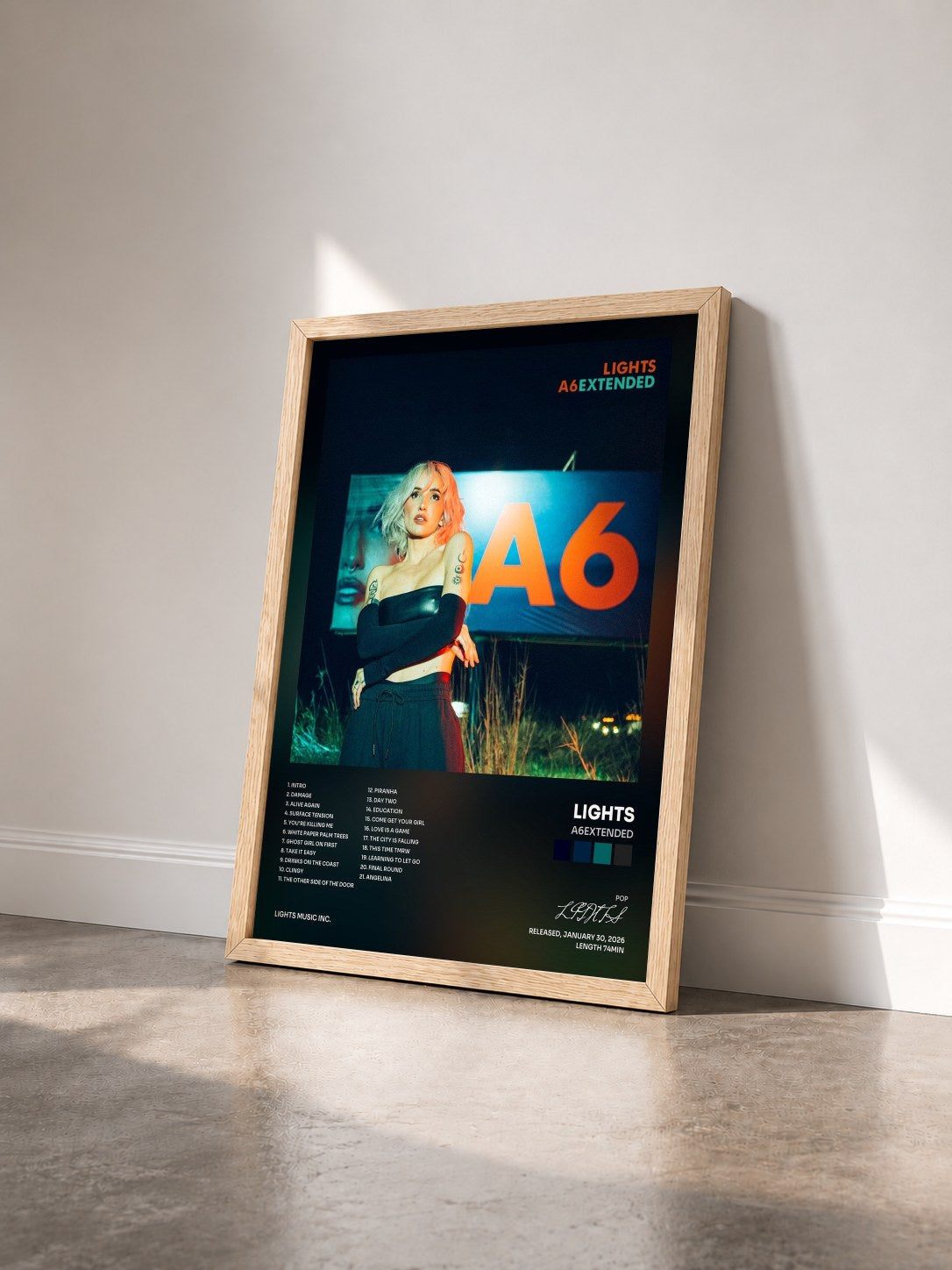 #bois Tableau de l'album A6EXTENDED de LIGHTS vu de trois quarts, cadre en bois brut