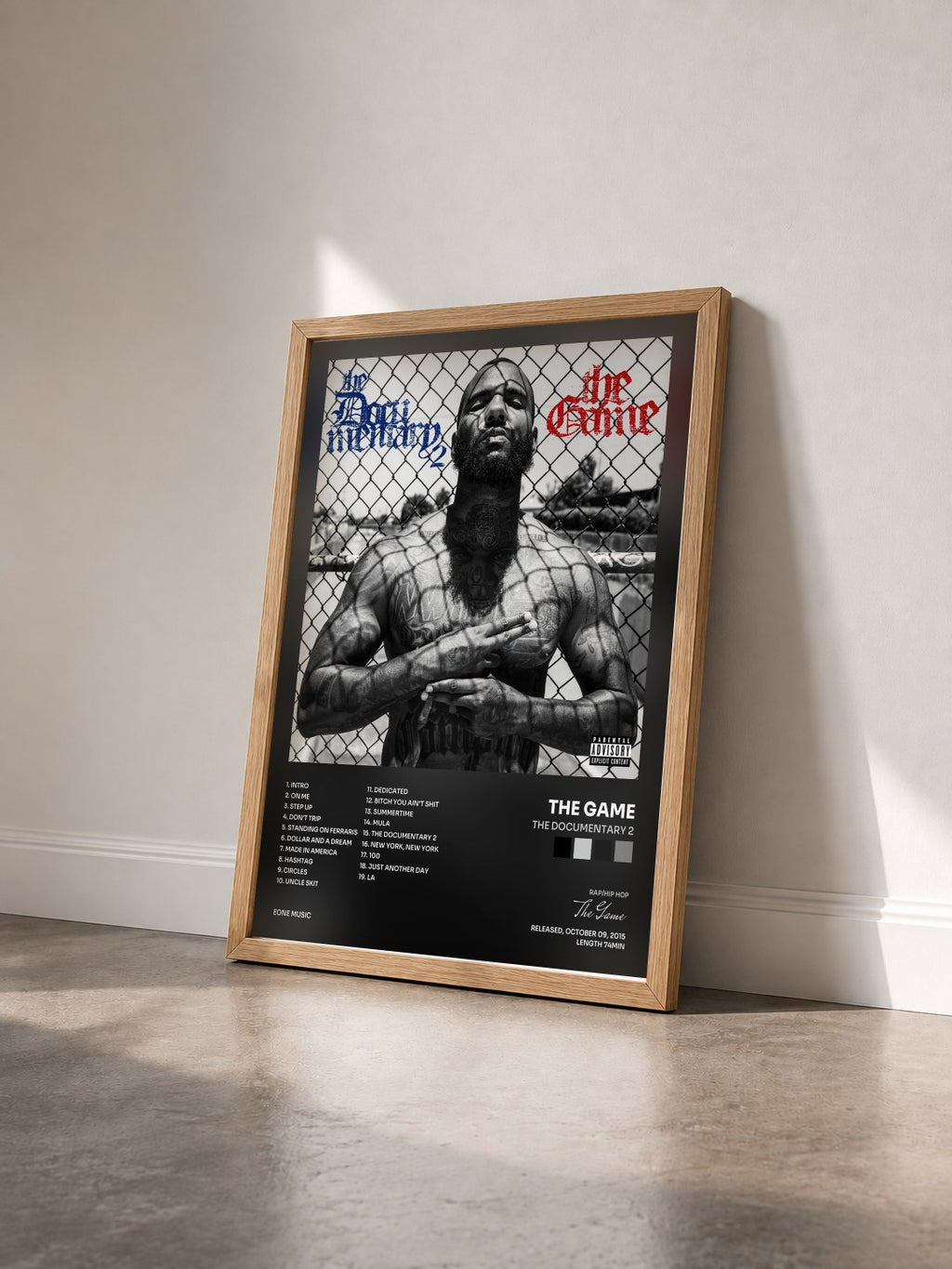 #bois Tableau de l'album The Documentary 2 de The Game vu de trois quarts, cadre en bois brut