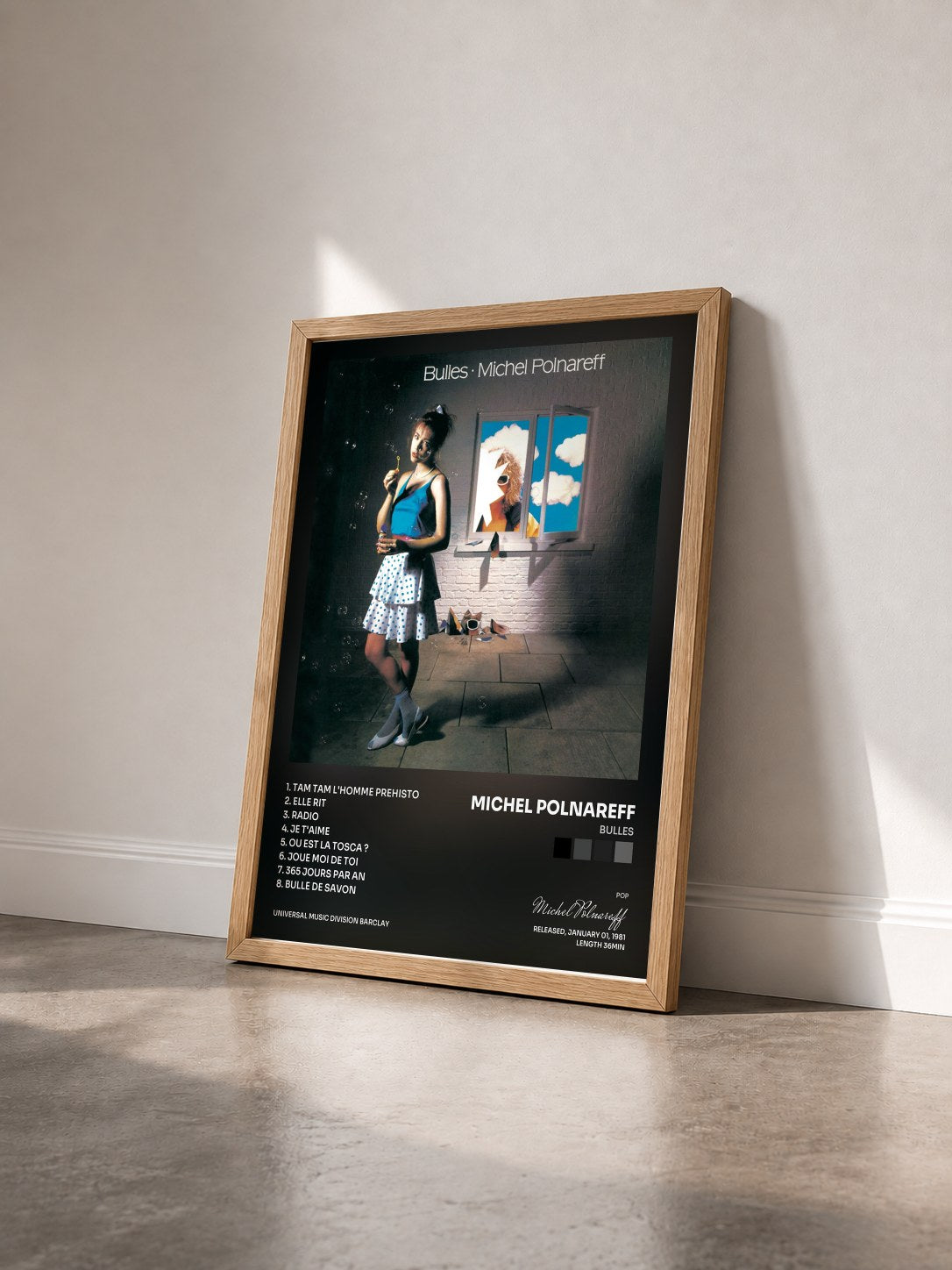 #bois Tableau de l'album Bulles de Michel Polnareff vu de trois quarts, cadre en bois brut