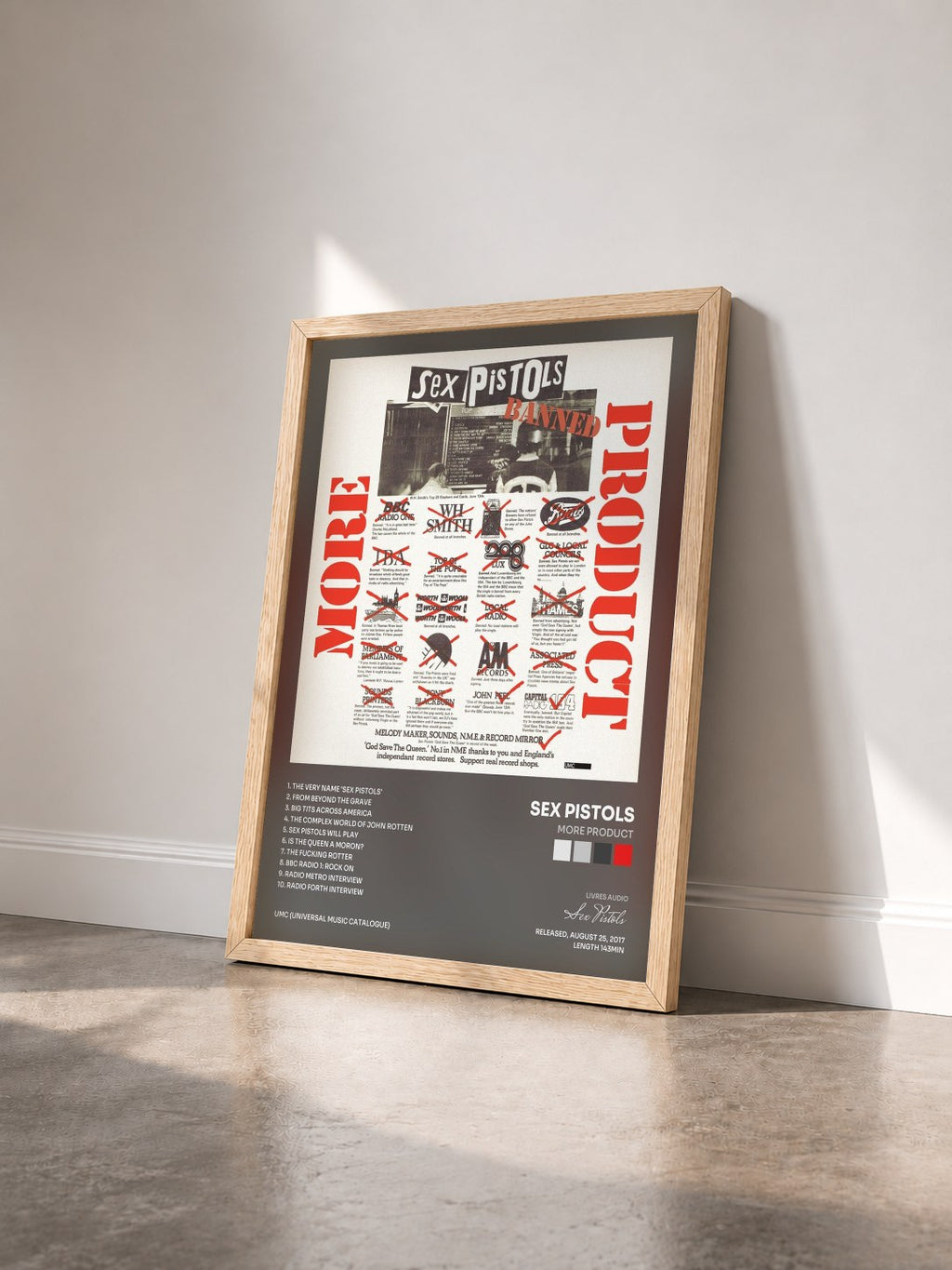 #bois Tableau de l'album More Product de Sex Pistols vu de trois quarts, cadre en bois brut