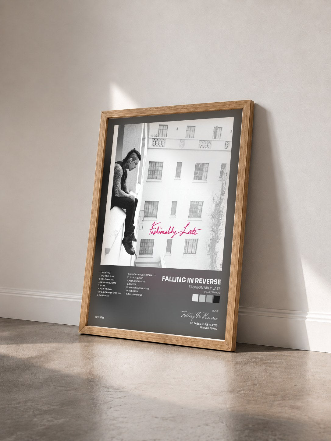 #bois Tableau de l'album Fashionably Late (Deluxe Edition) de Falling In Reverse vu de trois quarts, cadre en bois brut