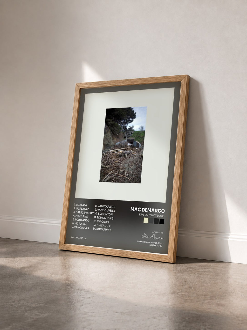 #bois Tableau de l'album Five Easy Hot Dogs de Mac Demarco vu de trois quarts, cadre en bois brut