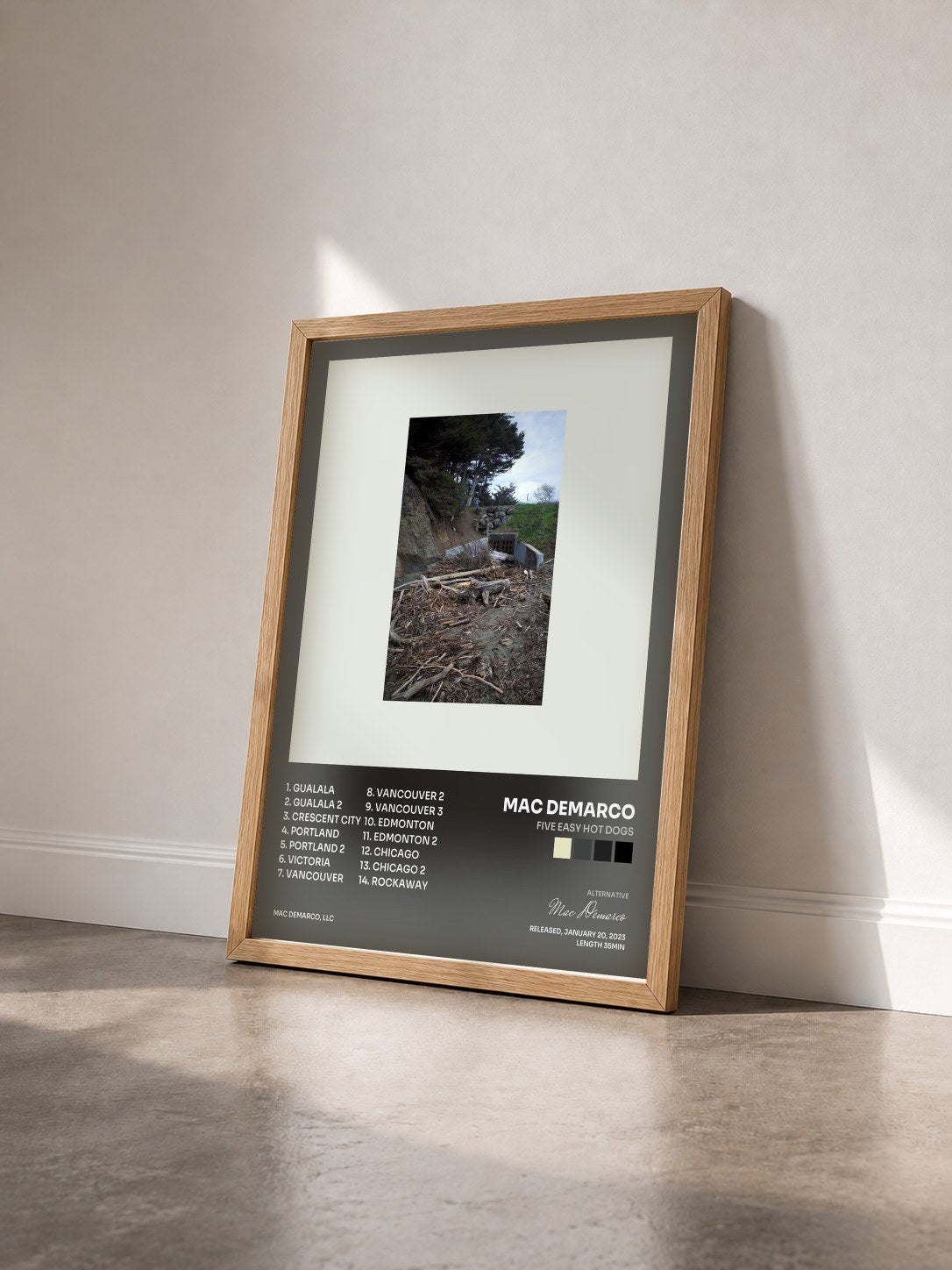 #bois Tableau de l'album Five Easy Hot Dogs de Mac Demarco vu de trois quarts, cadre en bois brut