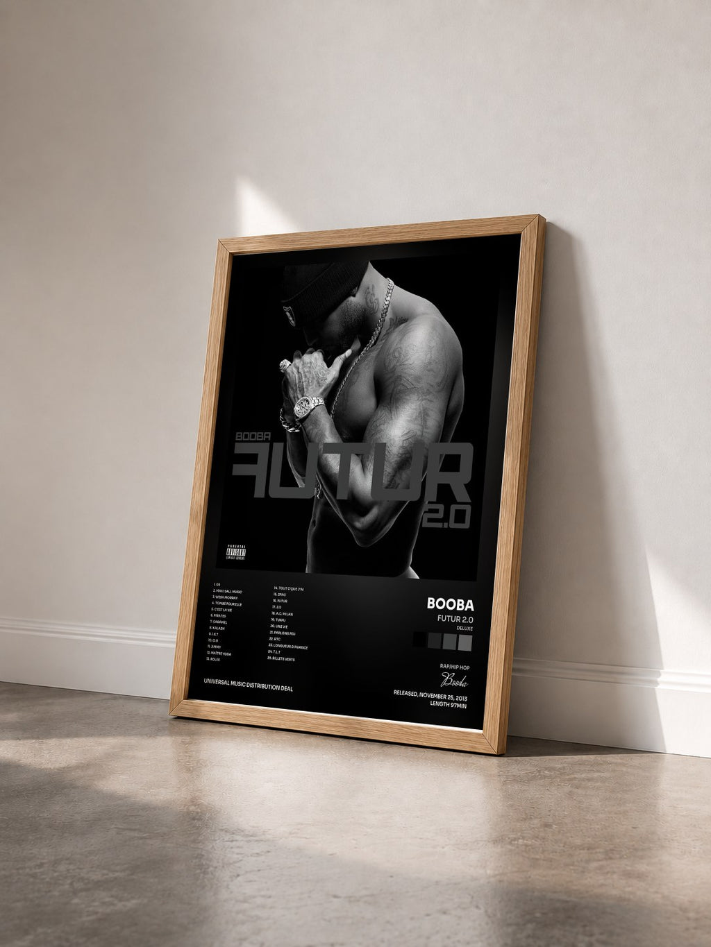 #bois Tableau de l'album Futur 2.0 (Deluxe) de Booba vu de trois quarts, cadre en bois brut