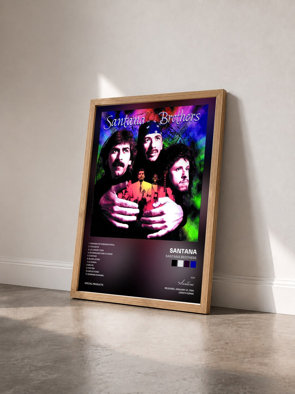 #bois Tableau de l'album Santana Brothers de Santana vu de trois quarts, cadre en bois brut