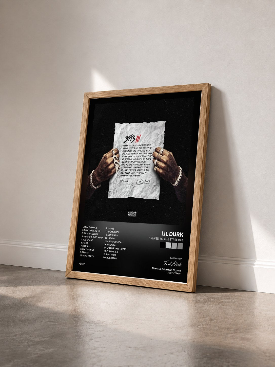 #bois Tableau de l'album Signed To The Streets 3 de Lil Durk vu de trois quarts, cadre en bois brut