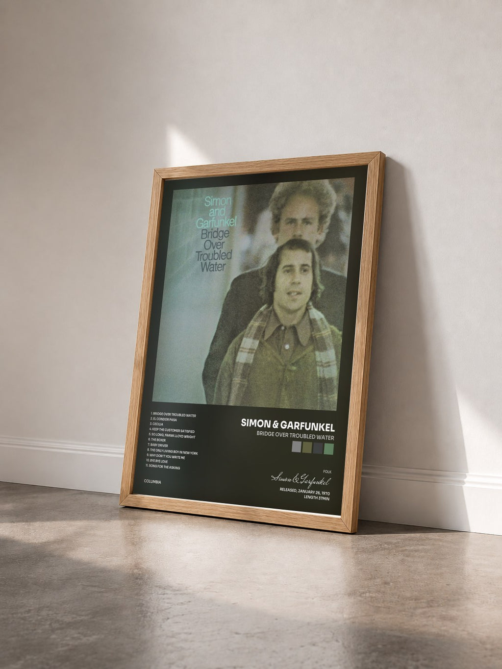#bois Tableau de l'album Bridge Over Troubled Water de Simon & Garfunkel vu de trois quarts, cadre en bois brut