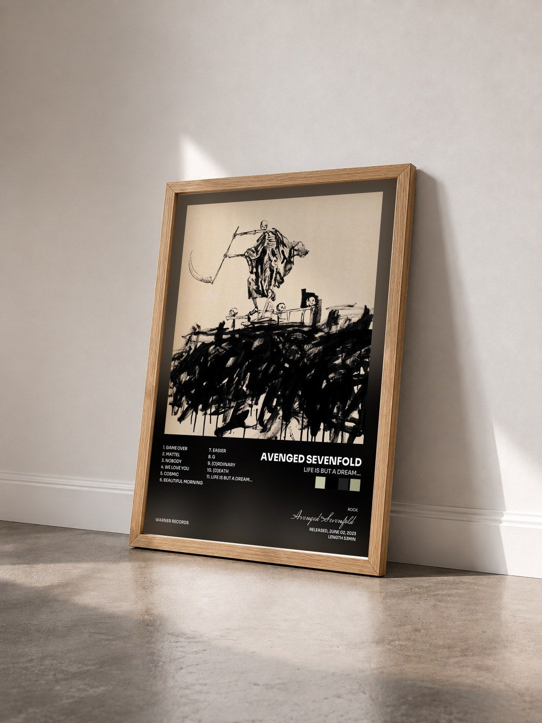 #bois Tableau de l'album Life Is But a Dream… de Avenged Sevenfold vu de trois quarts, cadre en bois brut