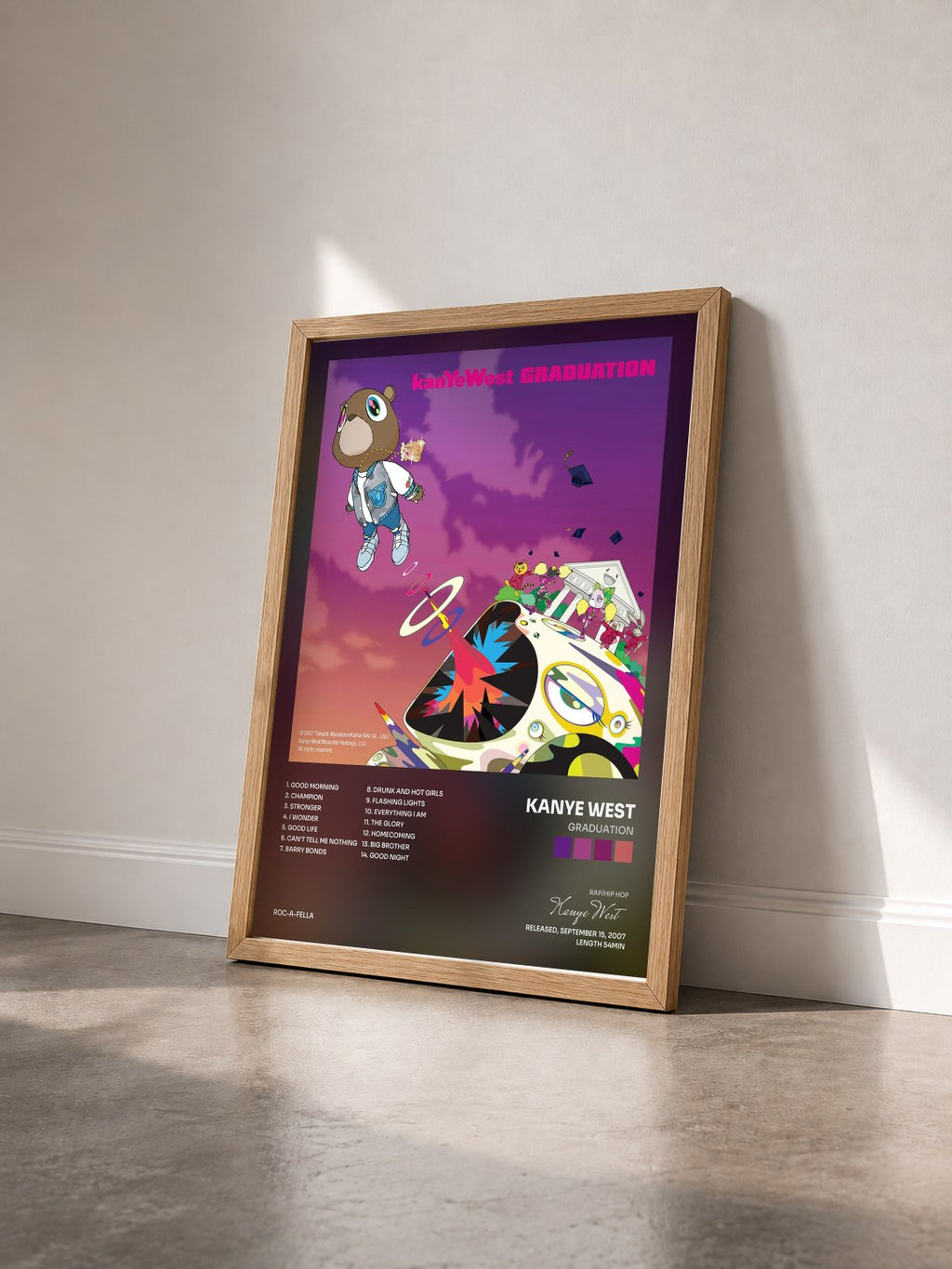 #bois Tableau de l'album Graduation de Kanye West vu de trois quarts, cadre en bois brut