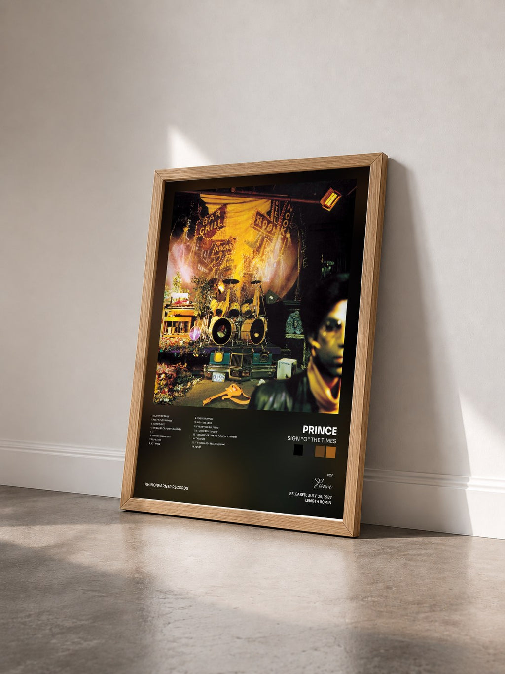 #bois Tableau de l'album Sign "O" the Times de Prince vu de trois quarts, cadre en bois brut