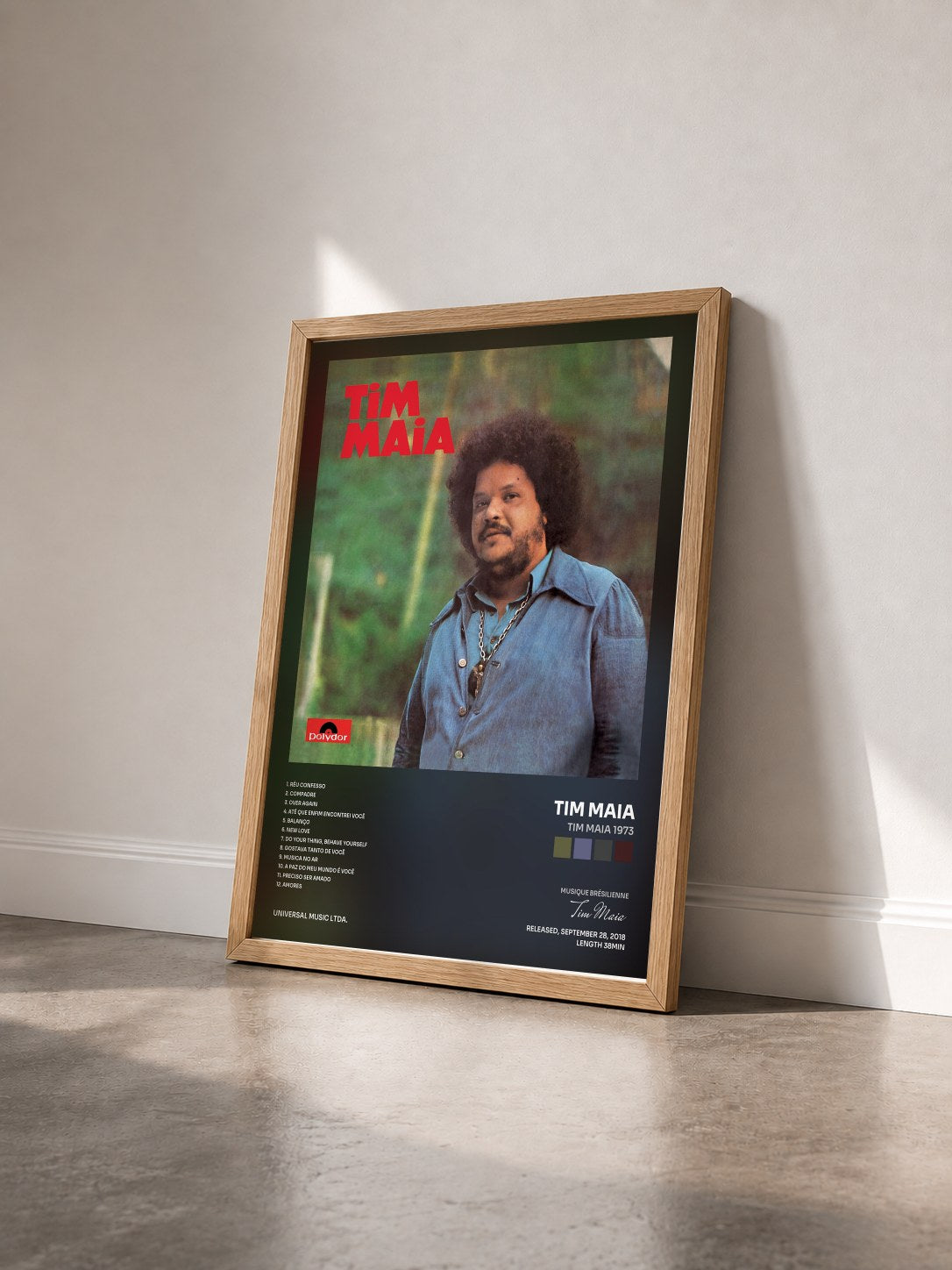 #bois Tableau de l'album Tim Maia 1973 de Tim Maia vu de trois quarts, cadre en bois brut