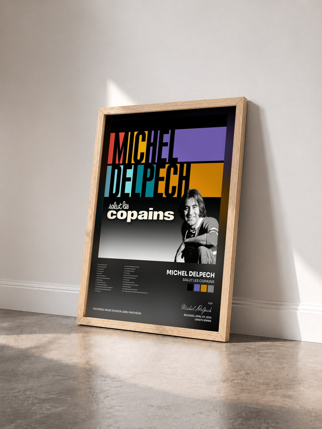#bois Tableau de l'album Salut les copains de Michel Delpech vu de trois quarts, cadre en bois brut