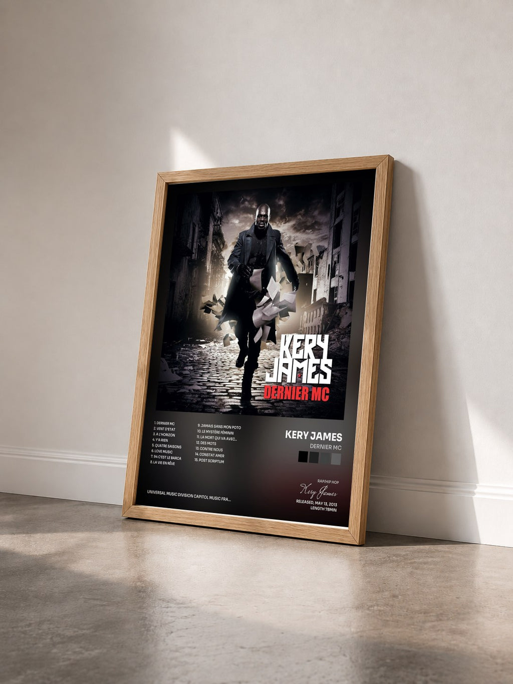#bois Tableau de l'album Dernier MC de Kery James vu de trois quarts, cadre en bois brut