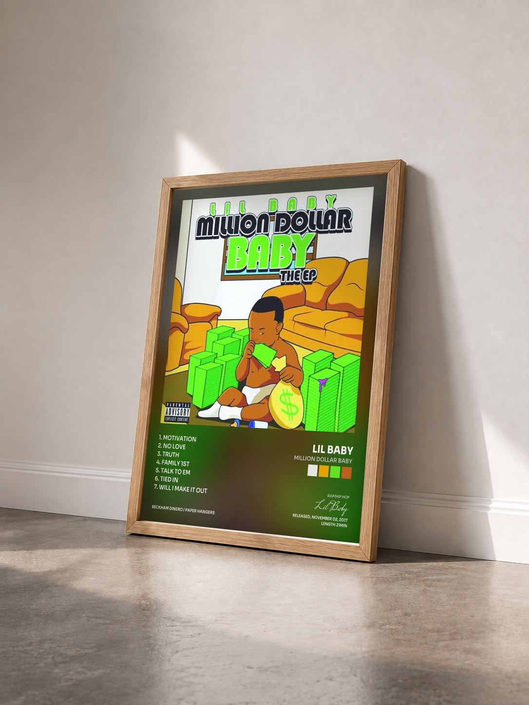 #bois Tableau de l'album Million Dollar Baby de Lil Baby vu de trois quarts, cadre en bois brut