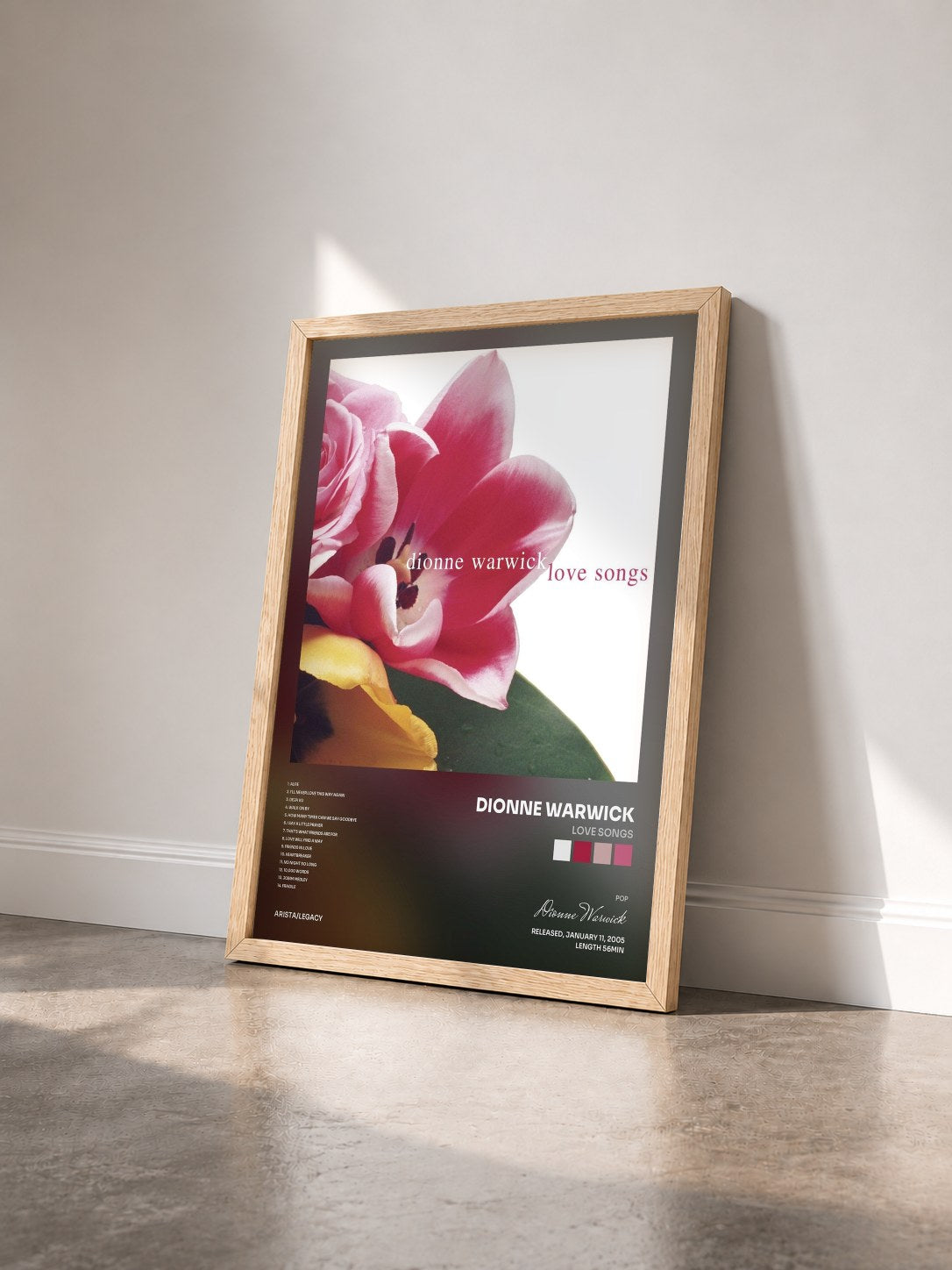 #bois Tableau de l'album Love Songs de Dionne Warwick vu de trois quarts, cadre en bois brut