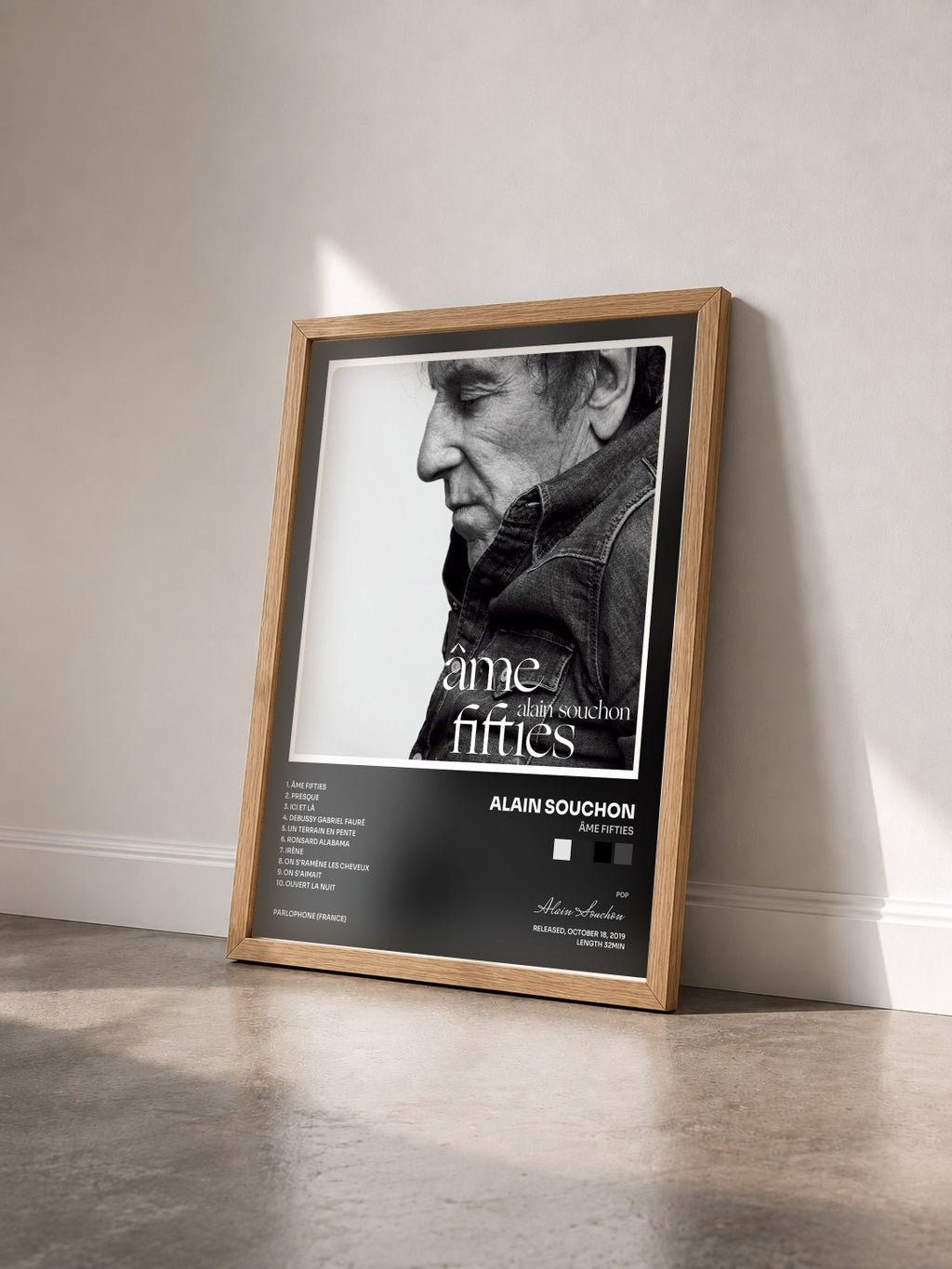 #bois Tableau de l'album Âme fifties de Alain Souchon vu de trois quarts, cadre en bois brut