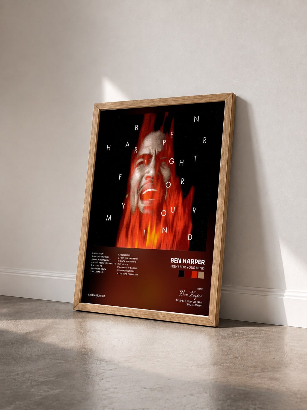 #bois Tableau de l'album Fight For Your Mind de Ben Harper vu de trois quarts, cadre en bois brut