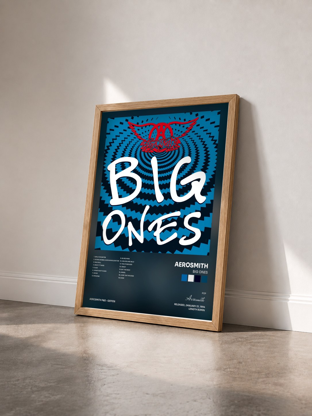 #bois Tableau de l'album Big Ones de Aerosmith vu de trois quarts, cadre en bois brut
