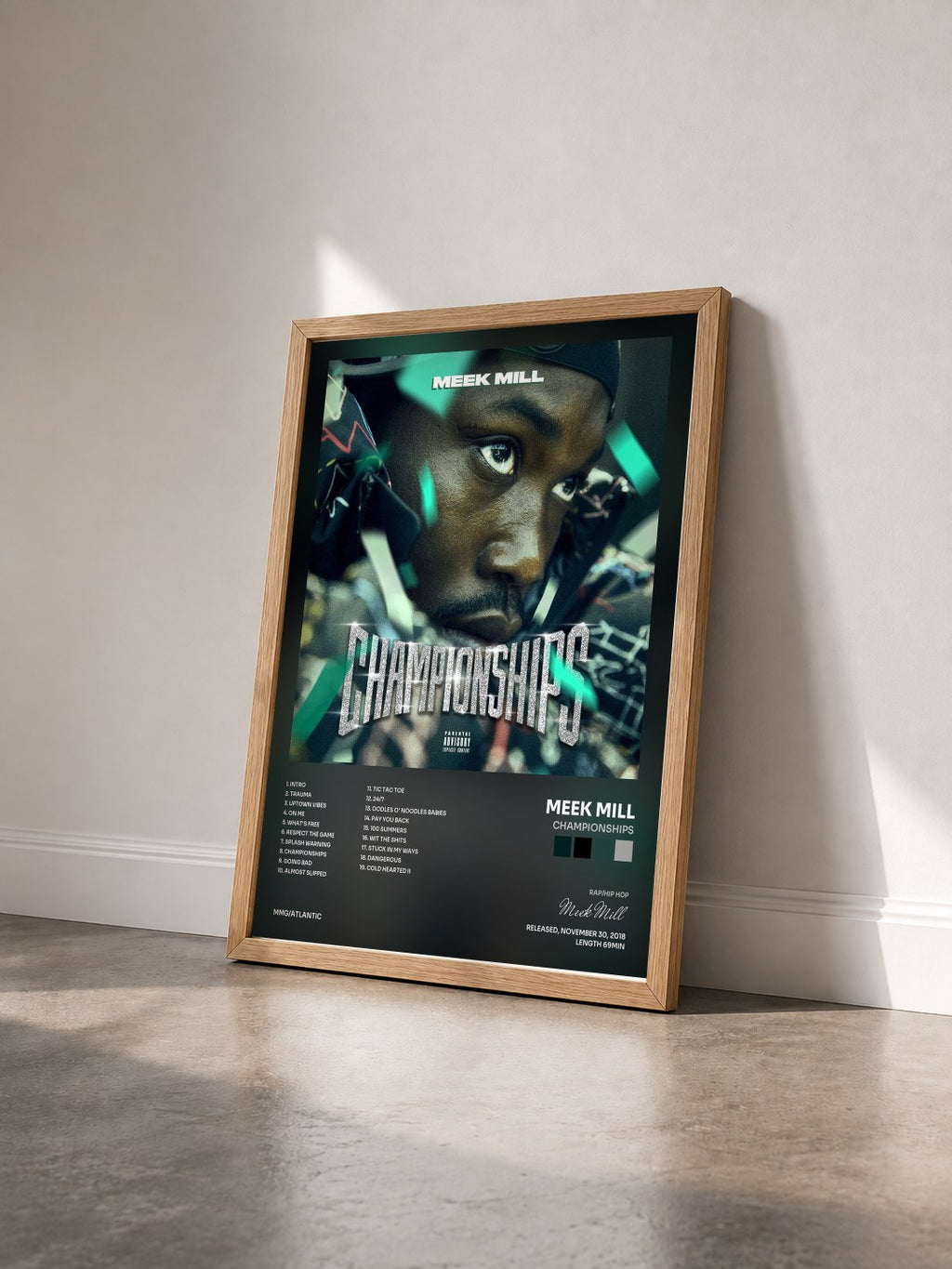 #bois Tableau de l'album Championships de Meek Mill vu de trois quarts, cadre en bois brut