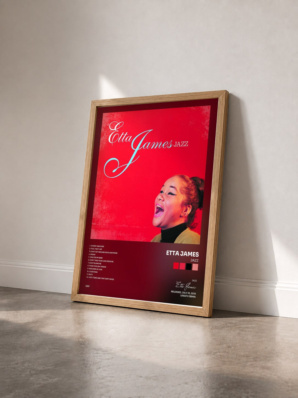 #bois Tableau de l'album Jazz de Etta James vu de trois quarts, cadre en bois brut