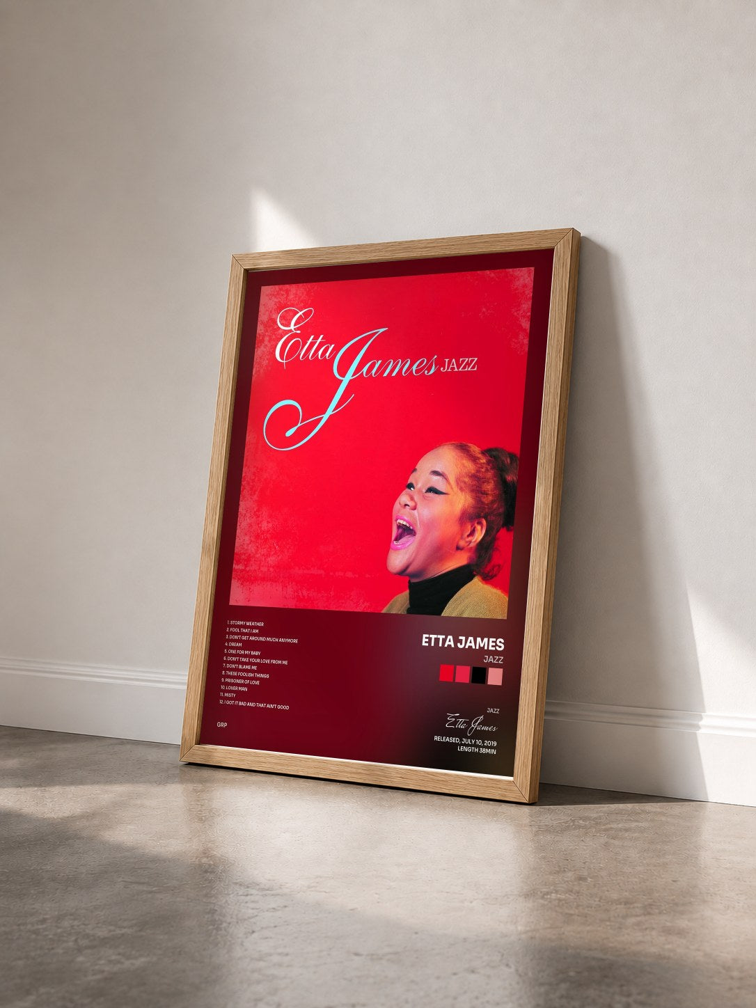 #bois Tableau de l'album Jazz de Etta James vu de trois quarts, cadre en bois brut