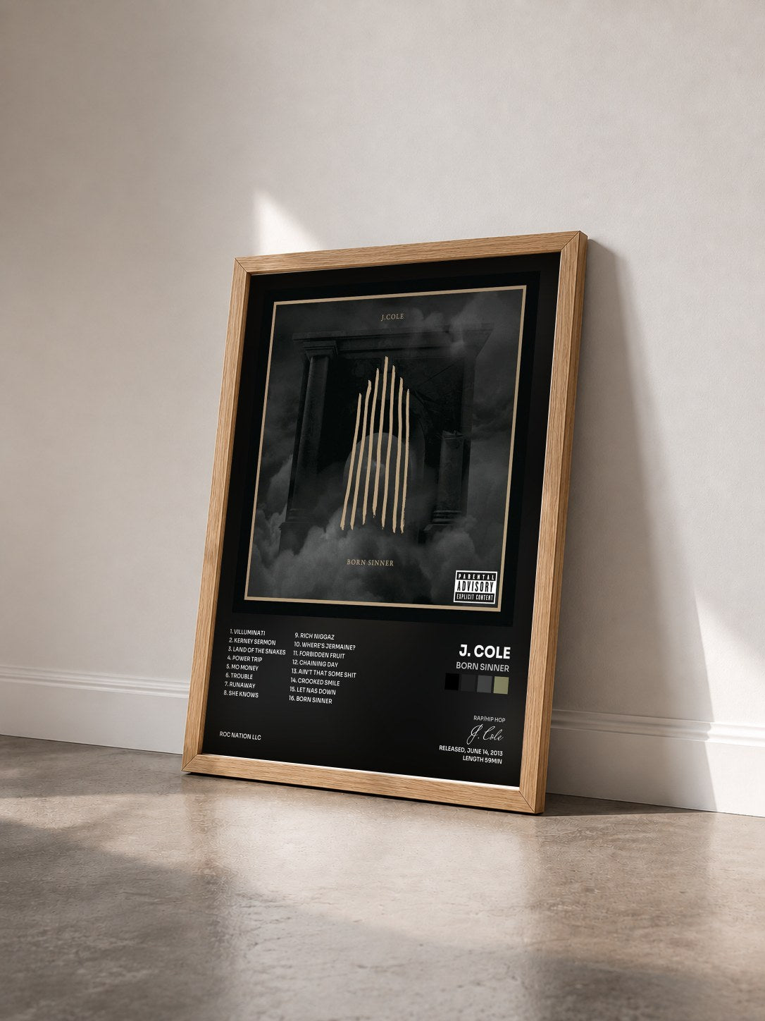 #bois Tableau de l'album Born Sinner de J. Cole vu de trois quarts, cadre en bois brut