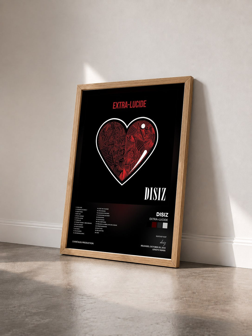 #bois Tableau de l'album Extra-lucide de disiz vu de trois quarts, cadre en bois brut