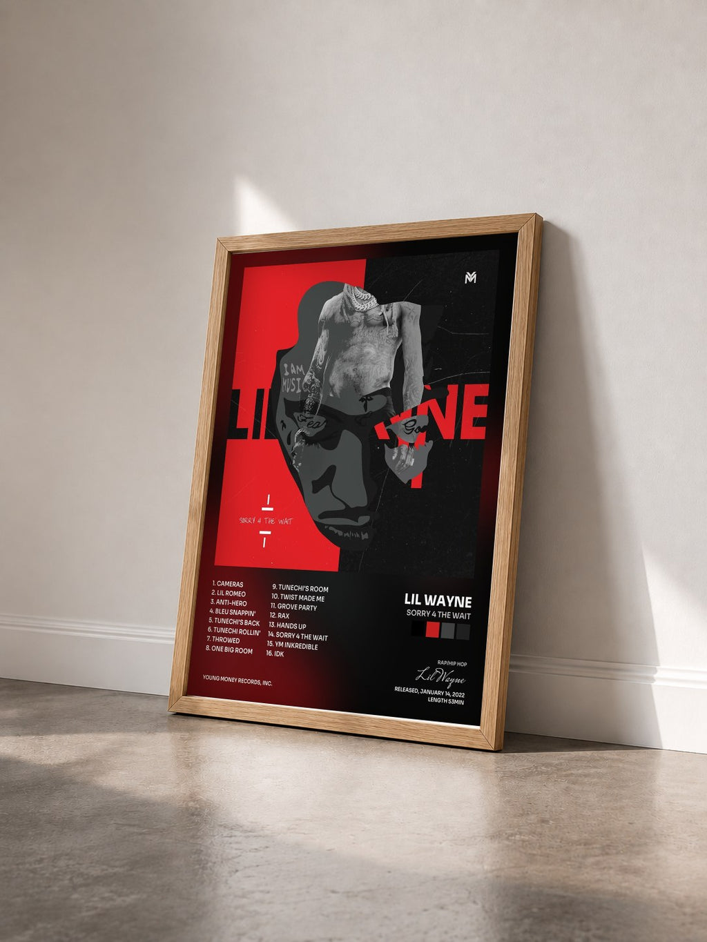 #bois Tableau de l'album Sorry 4 The Wait de Lil Wayne vu de trois quarts, cadre en bois brut