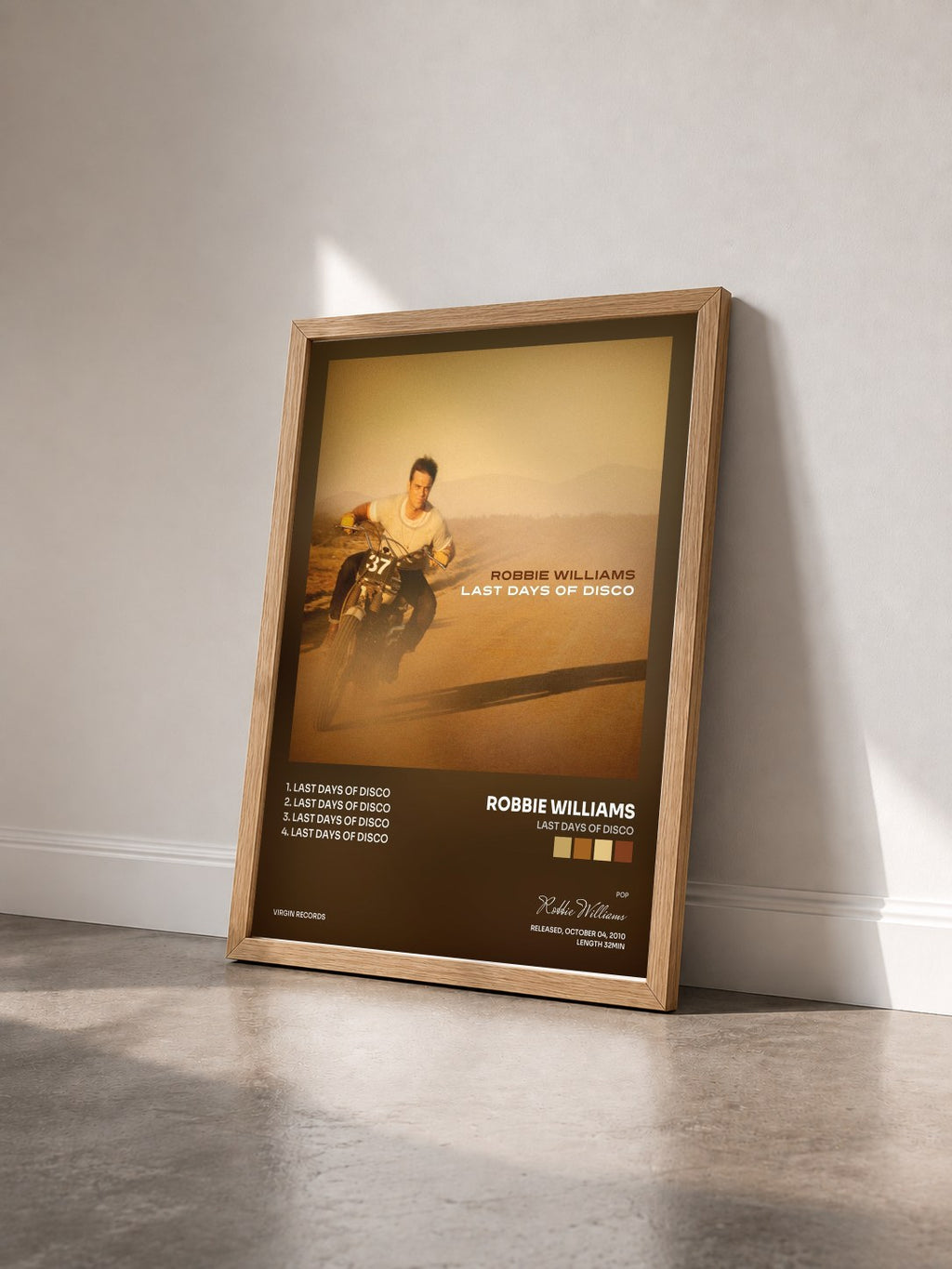 #bois Tableau de l'album Last Days Of Disco de Robbie Williams vu de trois quarts, cadre en bois brut