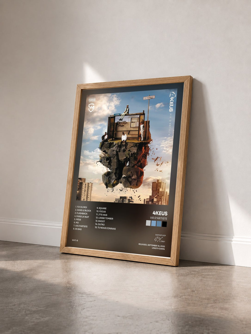 #bois Tableau de l'album Vie d'artiste de 4Keus vu de trois quarts, cadre en bois brut