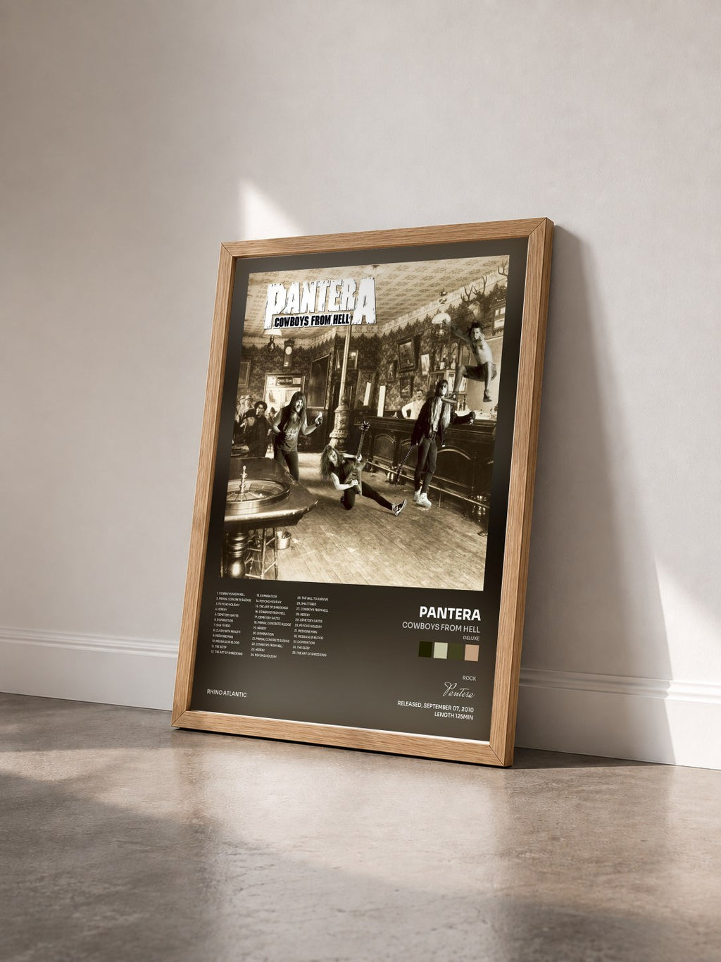 #bois Tableau de l'album Cowboys from Hell (Deluxe) de Pantera vu de trois quarts, cadre en bois brut