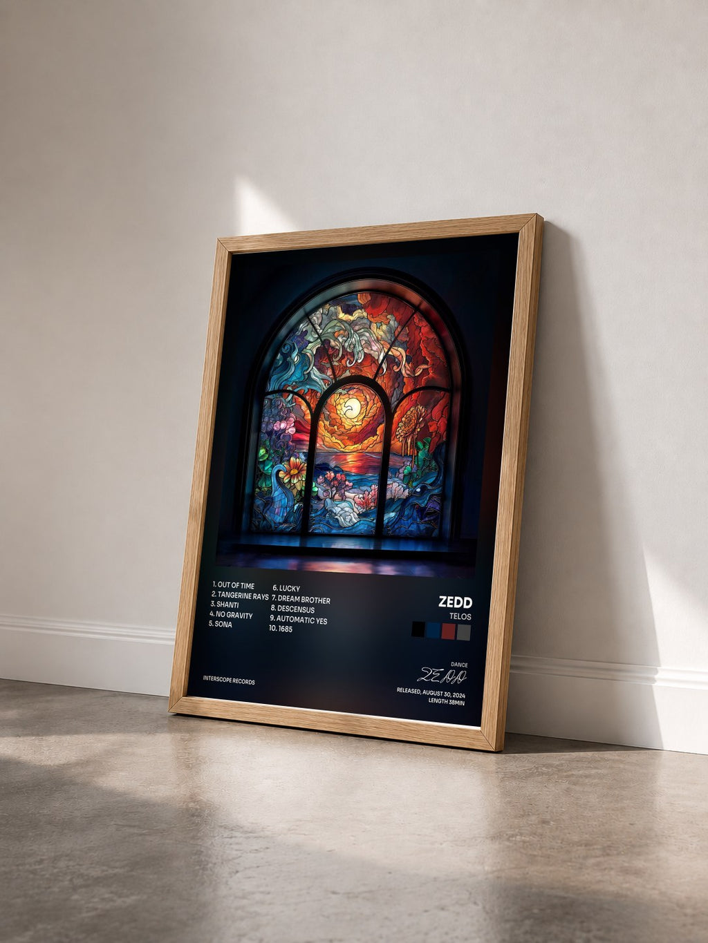#bois Tableau de l'album Telos de ZEDD vu de trois quarts, cadre en bois brut