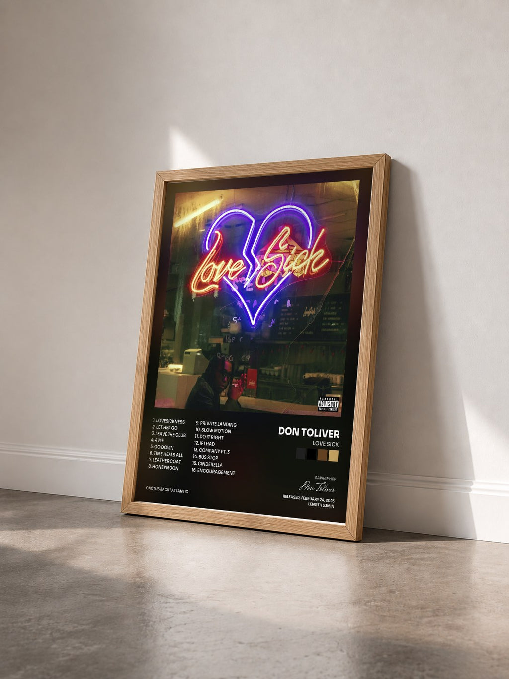 #bois Tableau de l'album Love Sick de Don Toliver vu de trois quarts, cadre en bois brut