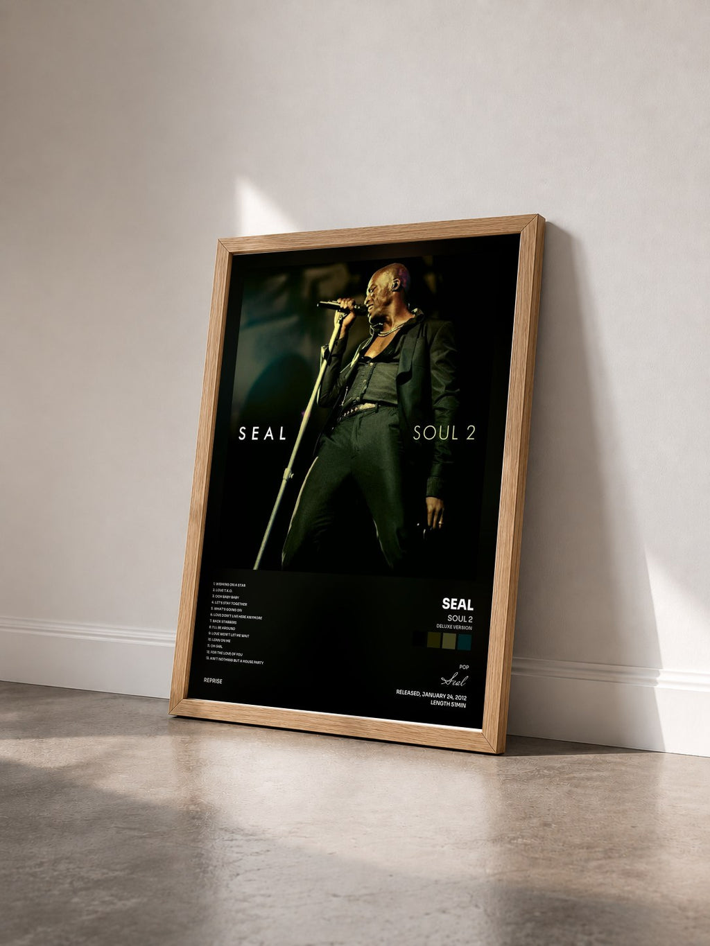 #bois Tableau de l'album Soul 2 (Deluxe Version) de Seal vu de trois quarts, cadre en bois brut