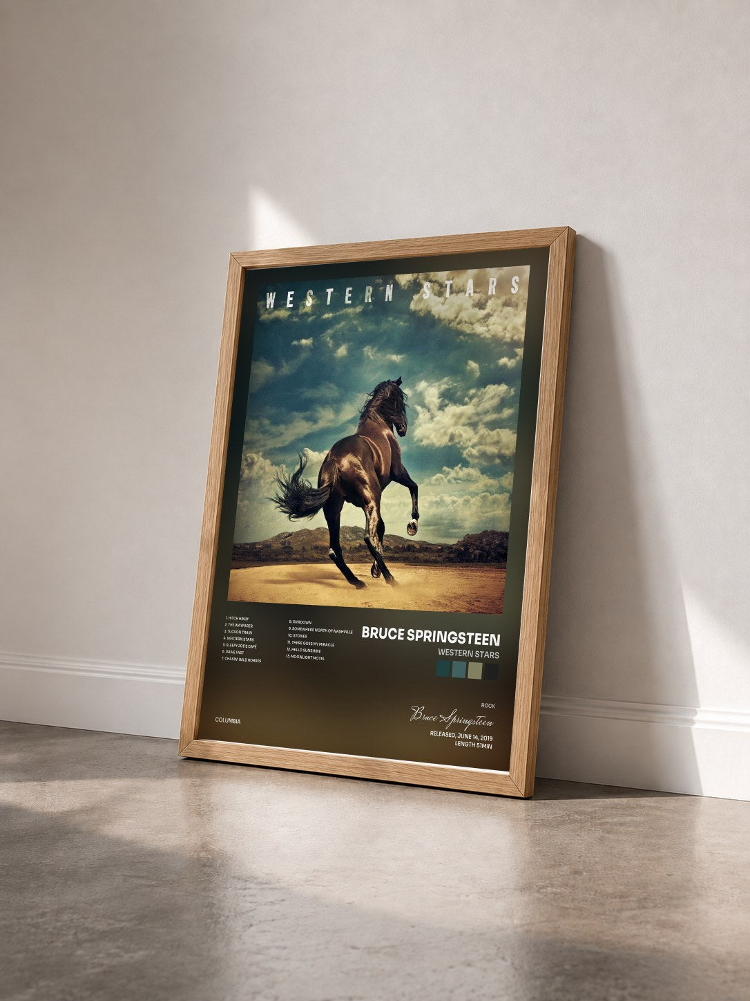 #bois Tableau de l'album Western Stars de Bruce Springsteen vu de trois quarts, cadre en bois brut
