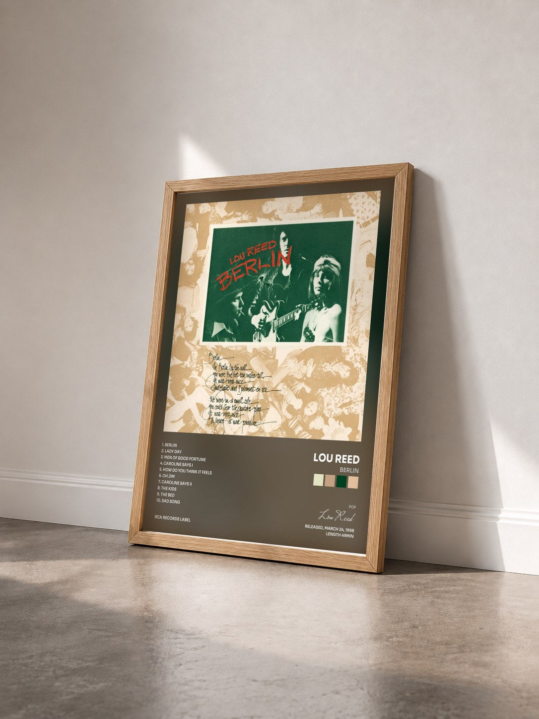 #bois Tableau de l'album Berlin de Lou Reed vu de trois quarts, cadre en bois brut